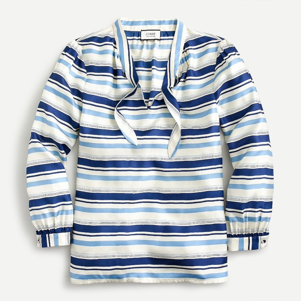 New! J Crew M Collection Tie-neck Silk Twill Top Blue Stripe Blouse NWT